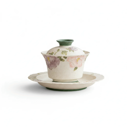 Gaiwan Tea Cup For Floral Tea Set-Embossed Peony Rock Clay_main