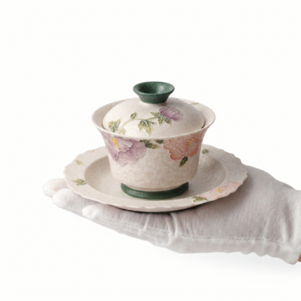 Gaiwan Tea Cup For Floral Tea Set-Embossed Peony Rock Clay_ring01