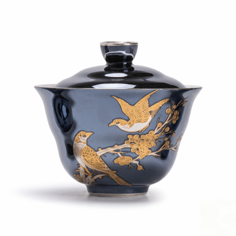 Gongfu Tea Set - Silver Plate Tea Set with Hand-Painted Magpie Motif_main