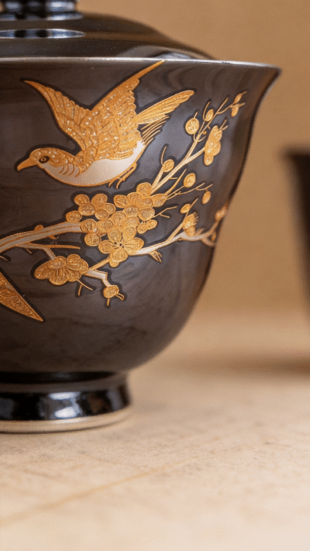 Gongfu Tea Set - Silver Plate Tea Set with Hand-Painted Magpie Motif_ring06
