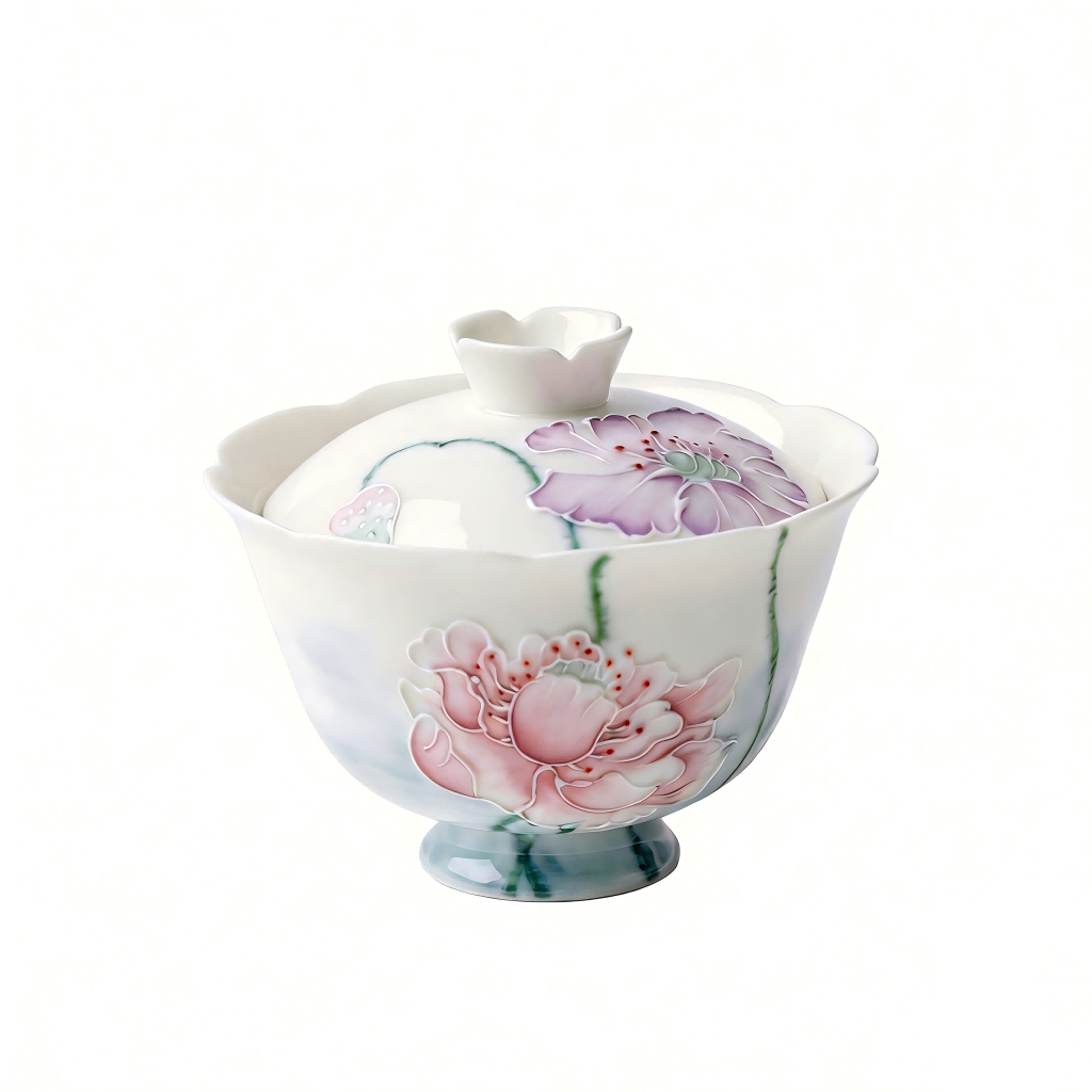 Handcrafted Footed Gaiwan with Subtle Embossed Petal Rim_main Handcrafted Footed Gaiwan with Subtle Embossed Petal Rim_main