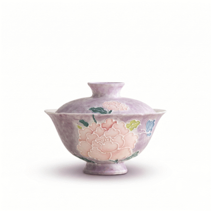 Glazed Porcelain Gaiwan Cup - Embossed Purple Peony_main