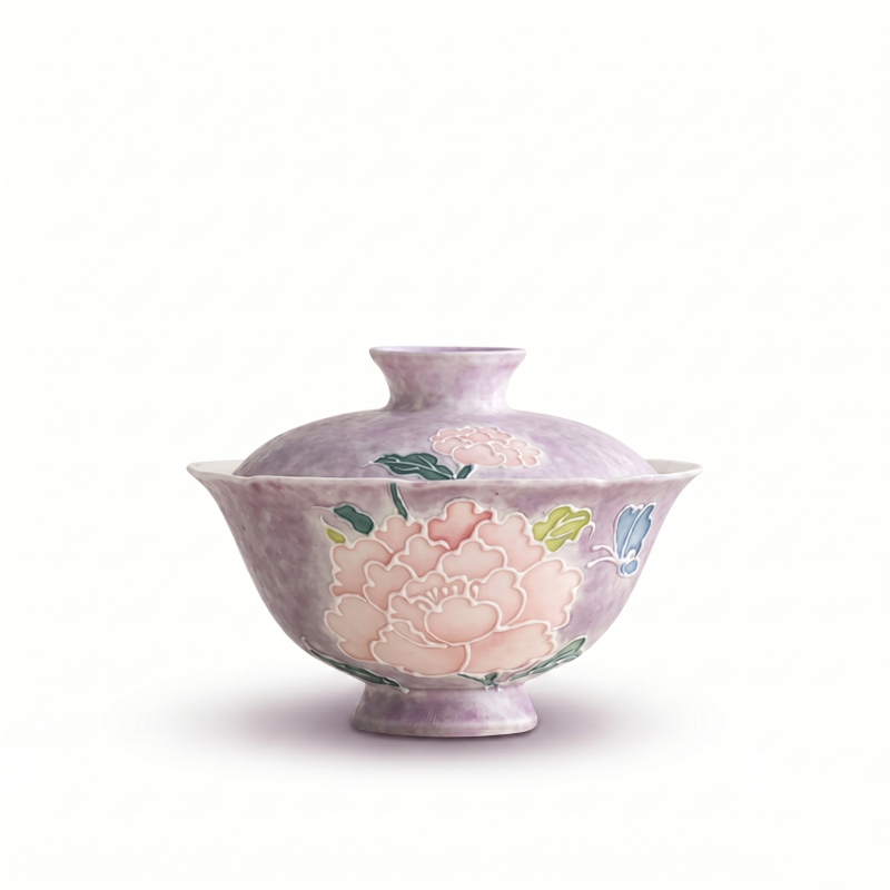 Glazed Porcelain Gaiwan Cup - Embossed Purple Peony_main Glazed Porcelain Gaiwan Cup - Embossed Purple Peony_main