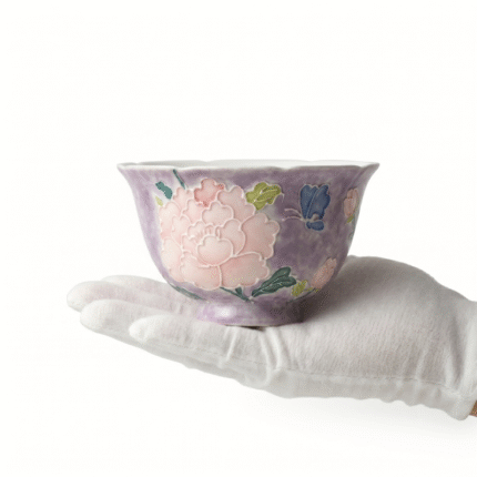 Glazed Porcelain Gaiwan Cup - Embossed Purple Peony_ring01