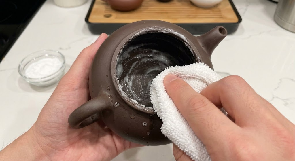 cleaning-inside-of-yixing-zisha-clay-teapot